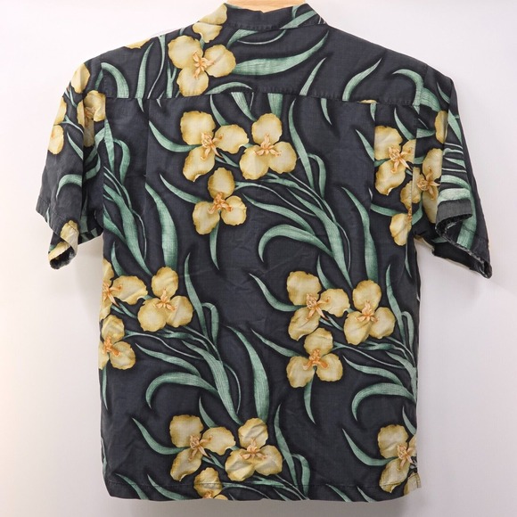 Tommy Bahama Men's Medium Black Silk Camp Shirt Yellow Floral Green Palm Print - Picture 6 of 7